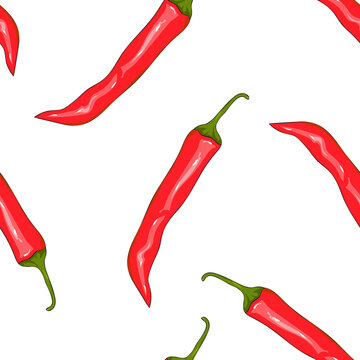 Seamless pattern red chilli pepper. Peppers background. Hand drawing chilli pepper. Vector illustration chilli pepper. Cartoon style.