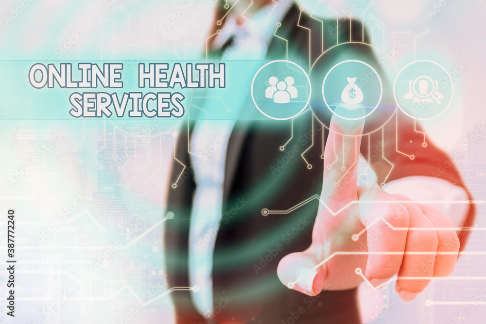 Poster writing note showing online health services. business concept for healthcare delivered and enhanced 