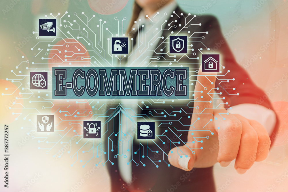 Aufkleber writing note showing e commerce. business concept for use electronic transmission medium for buying,