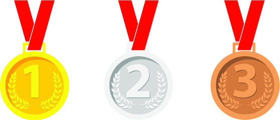 Gold, Silver, Bronze Medals Set. Winner Medals. Metal Realistic Badge With First, Second, Third Placement Achievement. Round Medal Red Ribbon. Game Golden, Silver, Bronze Trophy. Vector Illustration.