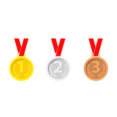 Gold, Silver, Bronze Medals Set. Winner Medals. Metal Realistic Badge With First, Second, Third Placement Achievement. Round Medal Red Ribbon. Game Golden, Silver, Bronze Trophy. Vector Illustration.