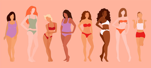 Group of beautiful women. Body positivity. Feminism, diversity, race equality vector illustration.