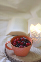 Mug with blueberries and raspberries, candle holder with lit candle and open book on a bed. Selective focus.