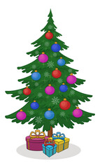 Holiday Cartoon Christmas Tree with Snowflakes, Decoration and Gift Boxes. Vector