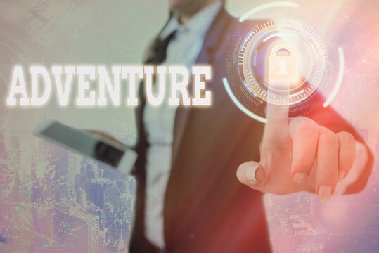 Text sign showing Adventure. Business photo text enterprise involving financial risk, danger and unknown risks Graphics padlock for web data information security application system