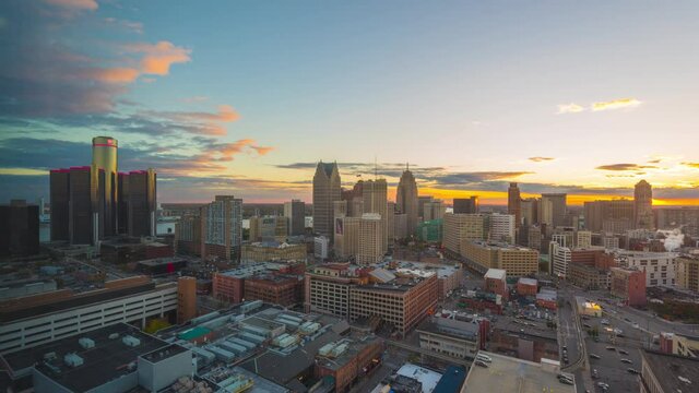 Detroit, Michigan, USA downtown cityscape time lapse.