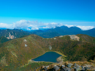 Fototapeta na wymiar Pond between autumnal mountains (Tochigi, Japan)