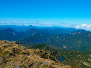 Ponds between autumnal mountains (Tochigi, Japan)