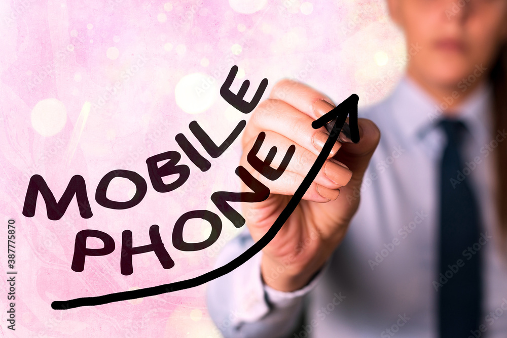 Poster writing note showing mobile phone. business concept for a handheld device used to send receive calls