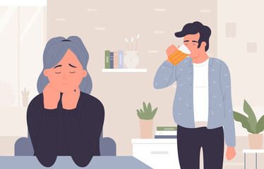 Man in beer addiction vector illustration. Cartoon addict male character drinking beer alcohol, standing at home room interior, sad woman wife stressed by husband domestic alcoholism background