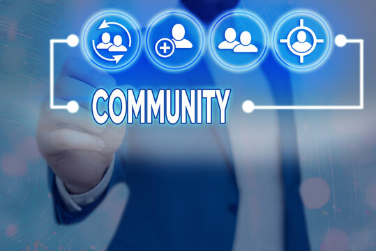 Word writing text Community. Business photo showcasing group of showing with a common characteristics living together Information digital technology network connection infographic elements icon