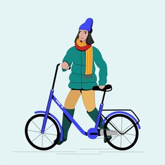 Naklejka premium Portrait of a beautiful young girl in a jacket and hat and scarf with a bicycle. Vector illustration in autumn style