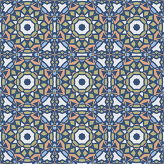 Bright creative color abstract geometric mandala pattern in blue white orange, vector seamless, can be used for printing onto fabric, interior, design, textile, carpet, pillow, tiles.