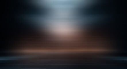 Modern minimalistic, futuristic studio background. Dark background with lines and spotlights, neon light, night view. Abstract blue background. Empty stage.