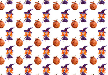 Halloween holiday, seamless pattern with little witch with a hat, pumpkins. Realistic characters Halloween. Vector illustration.