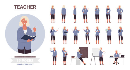 Teacher woman poses vector illustration set. Cartoon smiling female school teacher character posing in work with pupils or students, teaching postures at lecture lesson collection isolated on white - obrazy, fototapety, plakaty