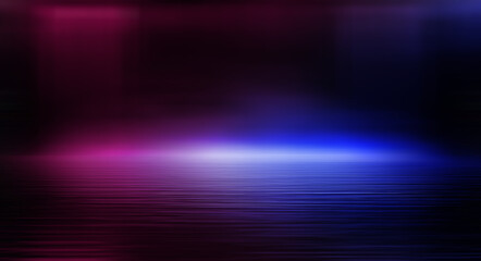 Modern minimalistic, futuristic studio background. Dark background with lines and spotlights, neon light, night view. Abstract blue background. Empty stage.
