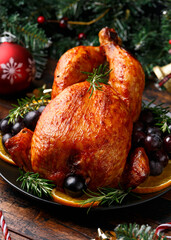 Christmas Chicken, roast in oven with decoration, gifts, green tree branch on wooden rustic table