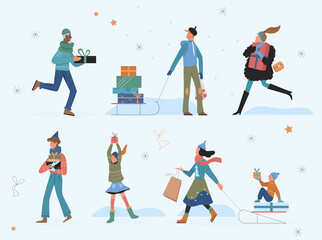 Happy people with Christmas gifts vector illustration. Cartoon woman man and kid characters walking, holding presents from shop or store winter sales for celebrating merry Christmas, trendy background