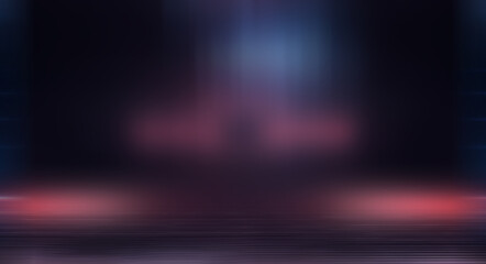 Modern minimalistic, futuristic studio background. Dark background with lines and spotlights, neon light, night view. Abstract blue background. Empty stage.