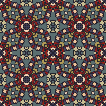 Bright creative color abstract geometric mandala pattern in blue green red, vector seamless, can be used for printing onto fabric, interior, design, textile, carpet, pillow, tiles.