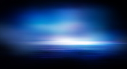 Modern minimalistic, futuristic studio background. Dark background with lines and spotlights, neon light, night view. Abstract blue background. Empty stage.