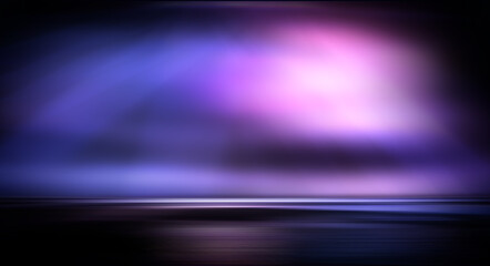 Modern minimalistic, futuristic studio background. Dark background with lines and spotlights, neon light, night view. Abstract blue background. Empty stage.