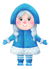 Funny snow maiden. Christmas character in blue shades. A girl in a kokoshnik and a fur coat with white hair. Watercolor clipart isolated on a white background.