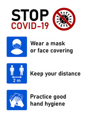 Stop Covid-19 Coronavirus Rules Set including Wear a Mask or Face Covering, Keep Your Distance 2 m or 2 Metres and Practice Good Hand Hygiene. Vector Image.