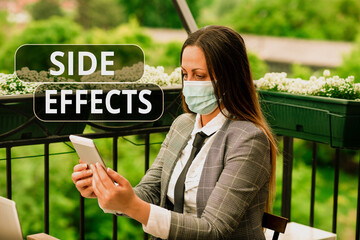 Word writing text Side Effects. Business photo showcasing Typically undesirable effect of a drug or...