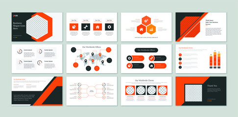 Business presentation slides with infographic elements