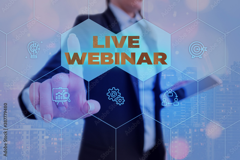 Aufkleber text sign showing live webinar. business photo showcasing interactive seminar transmitted over the w