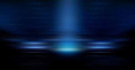 Modern minimalistic, futuristic studio background. Dark background with lines and spotlights, neon light, night view. Abstract blue background. Empty stage.