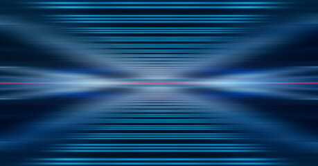 Modern minimalistic, futuristic studio background. Dark background with lines and spotlights, neon light, night view. Abstract blue background. Empty stage.