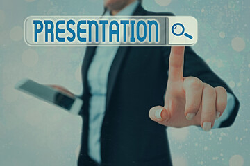 Conceptual hand writing showing Presentation. Concept meaning act, power, or privilege especially...