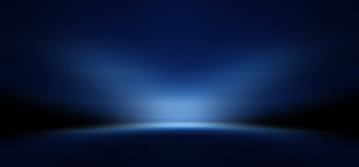 Modern minimalistic, futuristic studio background. Dark background with lines and spotlights, neon light, night view. Abstract blue background. Empty stage.