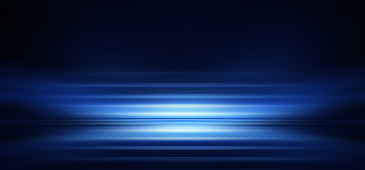 Modern minimalistic, futuristic studio background. Dark background with lines and spotlights, neon light, night view. Abstract blue background. Empty stage.