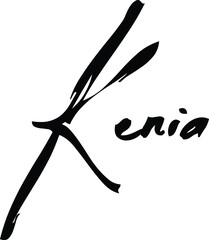 Kenia-Female Name Modern Cursive Brush Calligraphy on White Background