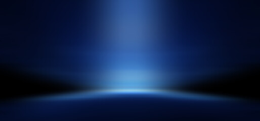 Modern minimalistic, futuristic studio background. Dark background with lines and spotlights, neon light, night view. Abstract blue background. Empty stage.