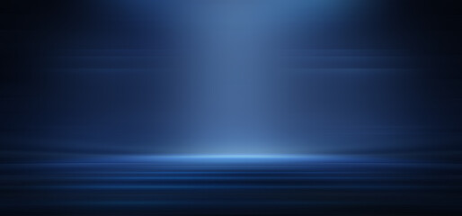 Modern minimalistic, futuristic studio background. Dark background with lines and spotlights, neon light, night view. Abstract blue background. Empty stage.