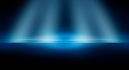 Modern minimalistic, futuristic studio background. Dark background with lines and spotlights, neon light, night view. Abstract blue background. Empty stage.