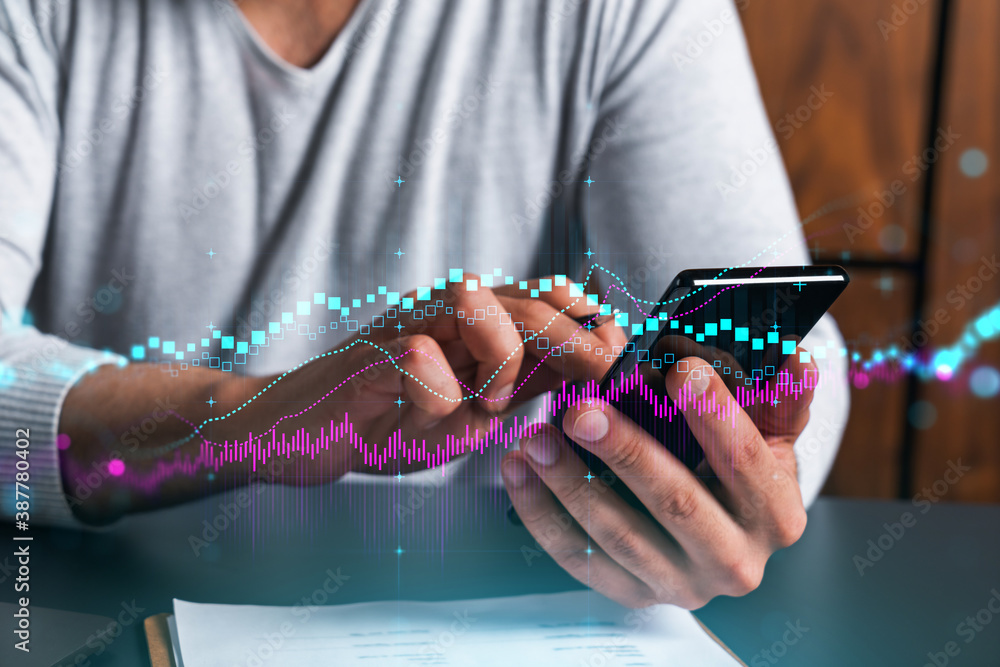 Poster man using phone. hands typing smartphone. double exposure with forex graph hologram. close up. finan