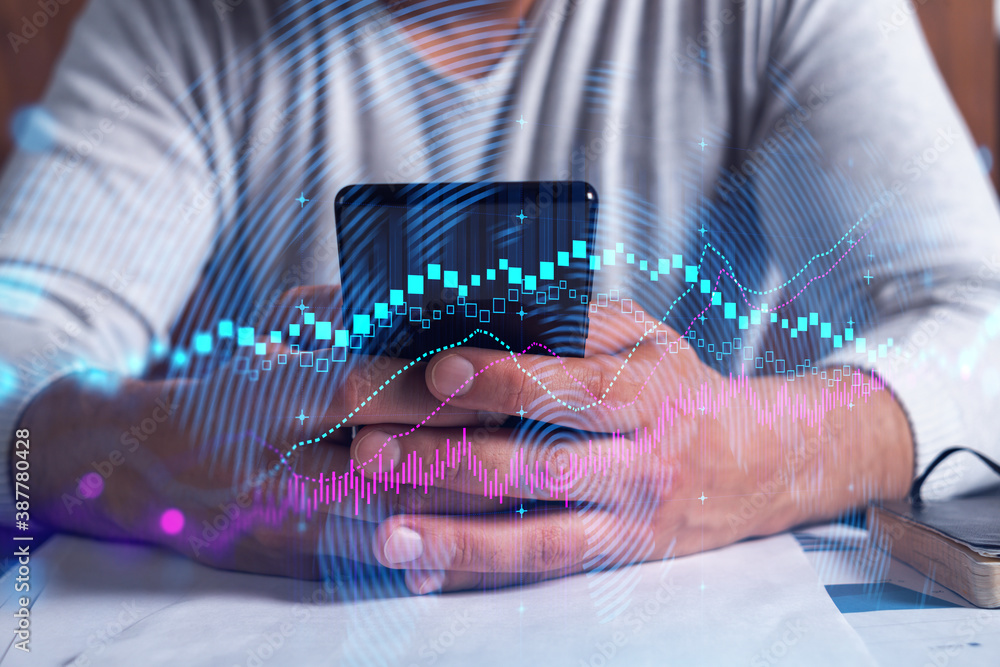 Poster man using phone. hands typing smartphone. double exposure with forex graph hologram. close up. finan