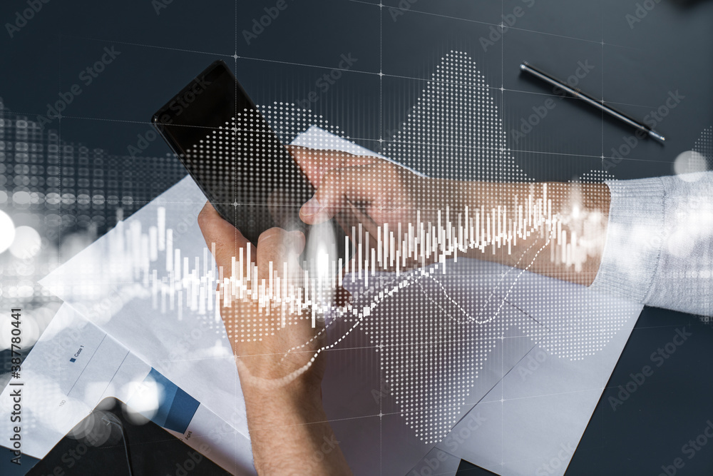 Poster man using phone. hands typing smartphone. double exposure with forex graph hologram. close up. finan