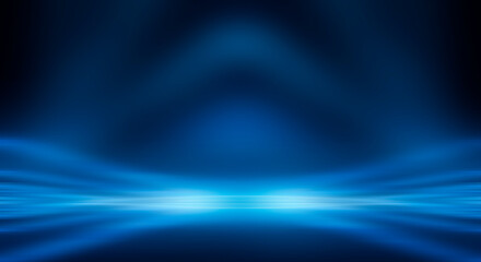Modern minimalistic, futuristic studio background. Dark background with lines and spotlights, neon light, night view. Abstract blue background. Empty stage.