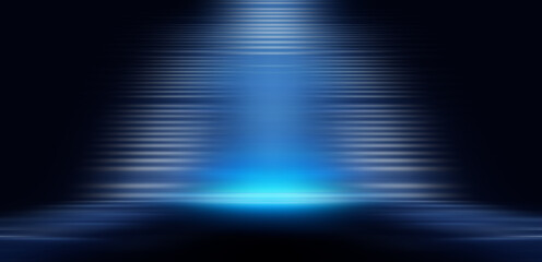 Modern minimalistic, futuristic studio background. Dark background with lines and spotlights, neon light, night view. Abstract blue background. Empty stage.