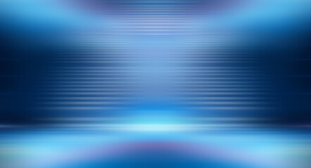 Modern minimalistic, futuristic studio background. Dark background with lines and spotlights, neon light, night view. Abstract blue background. Empty stage.
