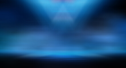 Modern minimalistic, futuristic studio background. Dark background with lines and spotlights, neon light, night view. Abstract blue background. Empty stage.