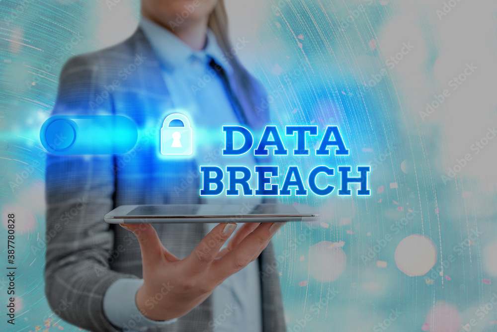 Poster text sign showing data breach. business photo showcasing security incident where sensitive protected