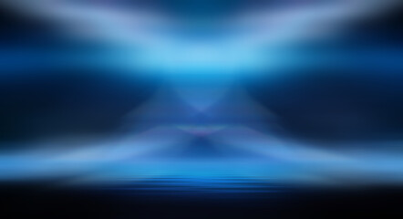 Modern minimalistic, futuristic studio background. Dark background with lines and spotlights, neon light, night view. Abstract blue background. Empty stage.